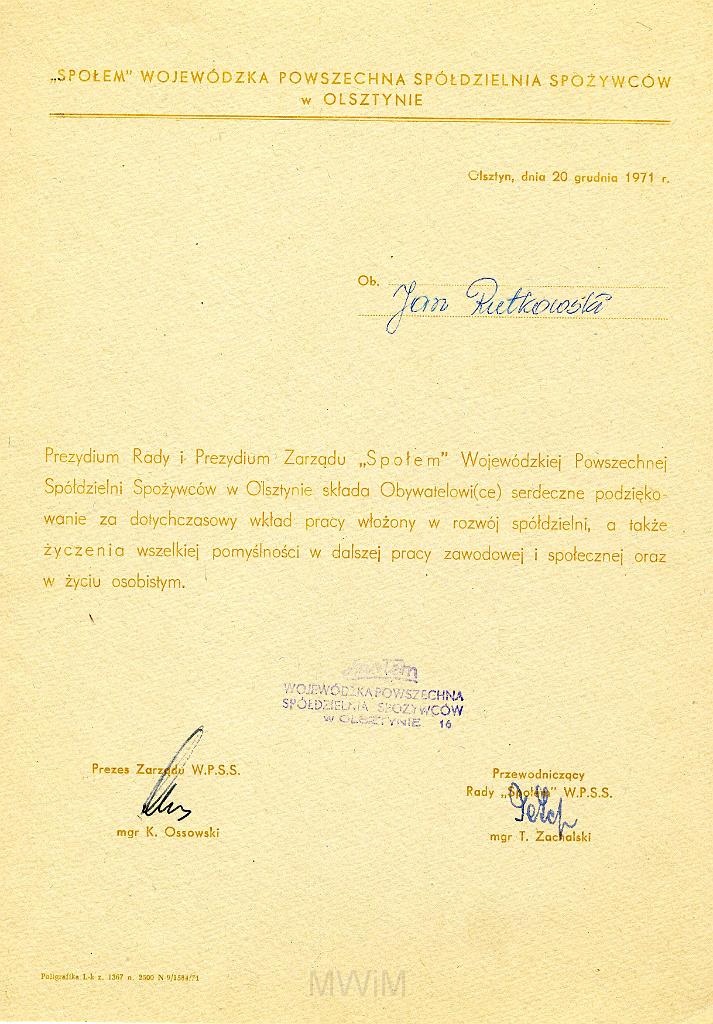KKE 3223.jpg - Dyplom, Jana Rutkowskiego za rozwój Spółdzielni Spżywczej w Olsztynie, Olsztyn, 1971 r.